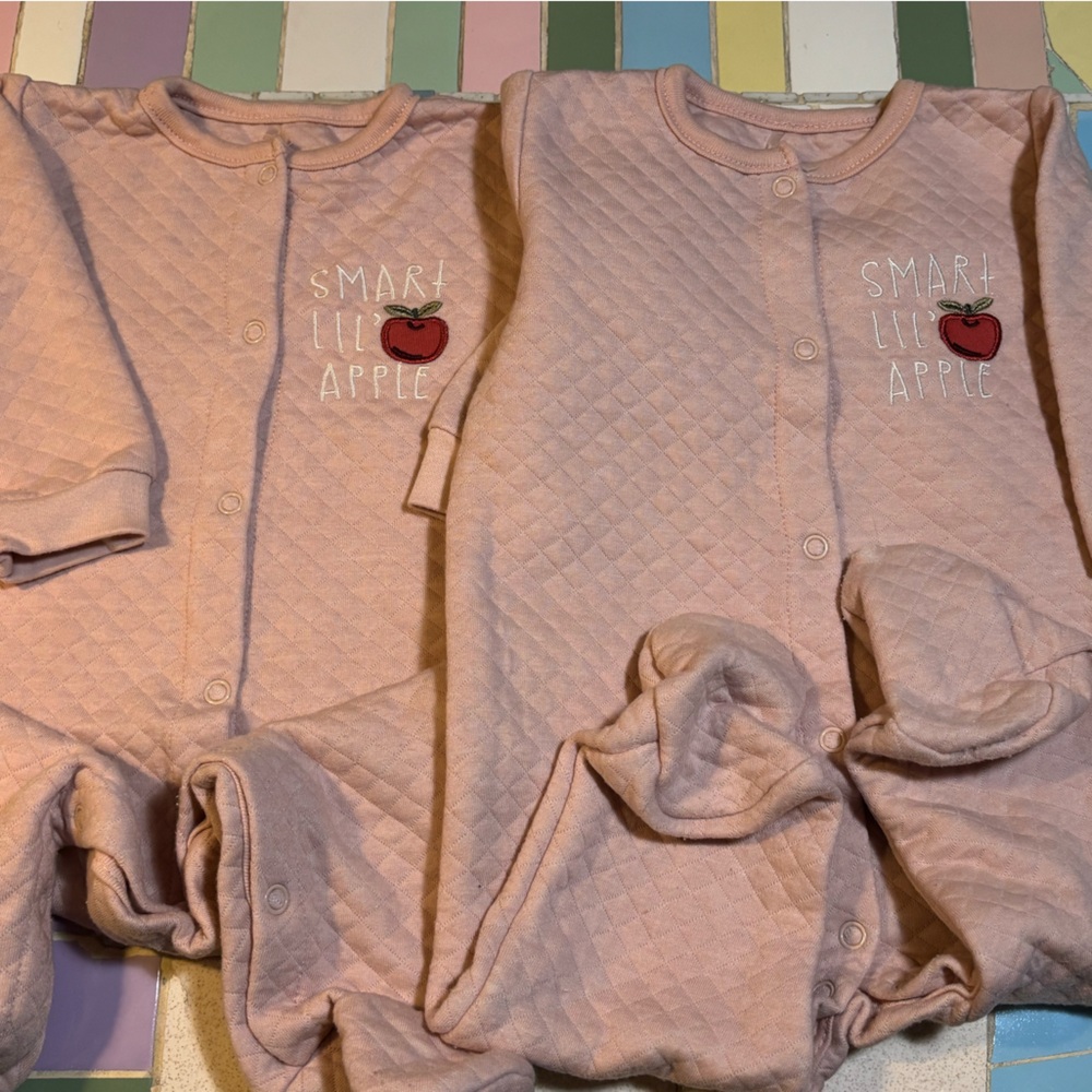 2 sets of Pink Quilted Baby Onesies with Apple Design